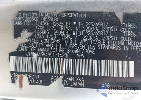 2008 Toyota Rav4 z USA, uszkodzony, nr VIN JTMBD33V485171628